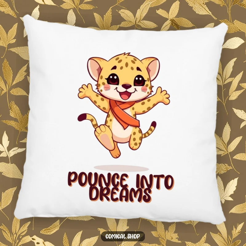 Funny happy cheetah cub wearing a sash, mid-graceful leap, on a soft pillow, providing comfort and elegance, an ideal funny gift.