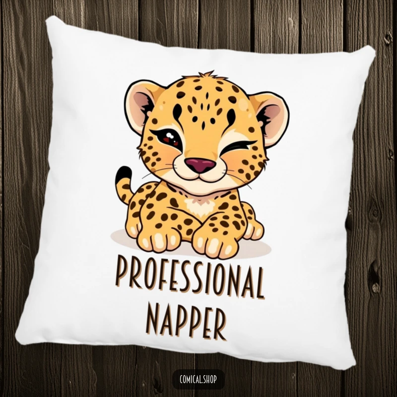 Funny cheetah cub pillow featuring a cub giving a playful wink while stretching, offering cozy charm and cool vibes.