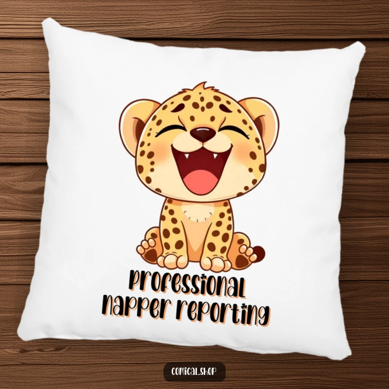 Funny pillow showcasing a cheetah cub letting out a giant, happy yawn, conveying a sense of relaxation and pure joy.