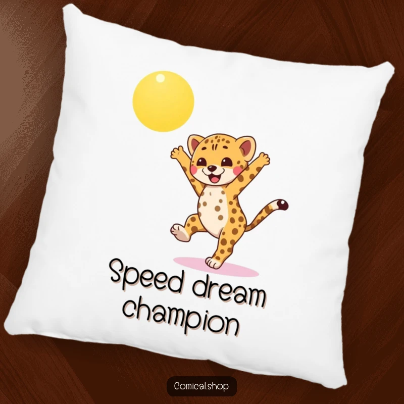 Funny cheetah cub pillow, performing a cartwheel under a bright sun, adding a touch of athletic joy and playful comfort to any space.