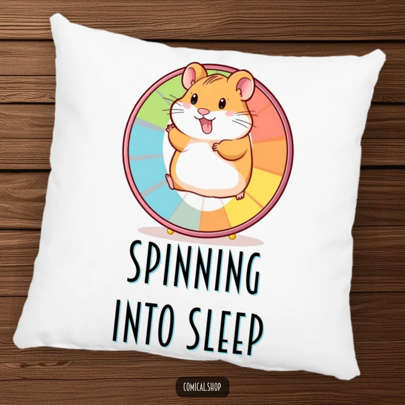Funny pillow featuring a happy hamster mid-stride on a colorful spinning wheel, offering cozy amusement.