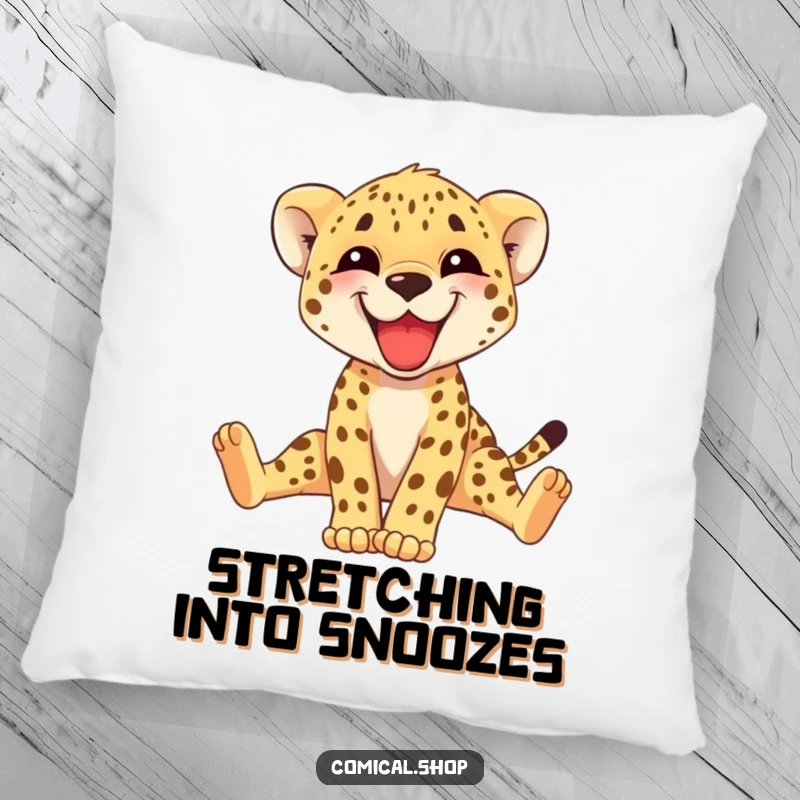 Funny cheetah cub pillow with a happy, grinning cub stretching its long legs. Soft, comfortable, and full of playful charm. Gift idea.
