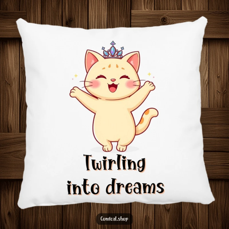 Funny Cat Tiara Pillow featuring a happy cat with a sparkling tiara, doing a graceful twirl, ideal for comfort.