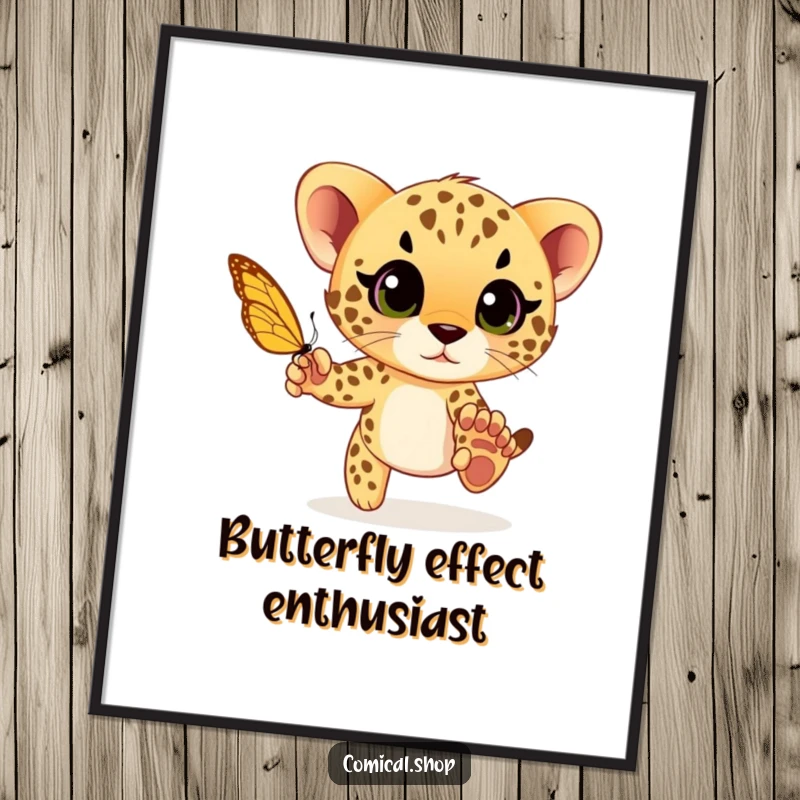 Funny cheetah cub playfully chasing a butterfly with wide eyes, a downloadable digital art print for humor and animal lovers.