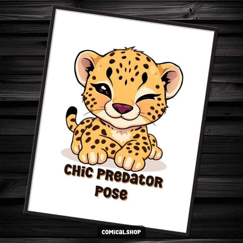 Funny cheetah cub digital art print of a cub giving a playful wink while stretching, perfect for framing and display.