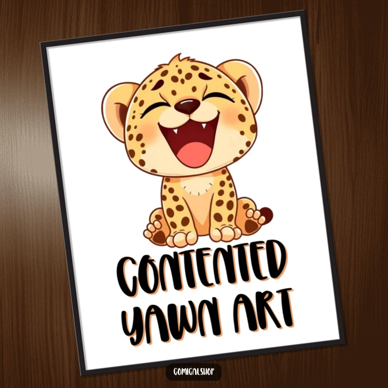 Funny digital art print of a cheetah cub mid-yawn, showcasing a comically large and happy smile, radiating relaxation and joy.