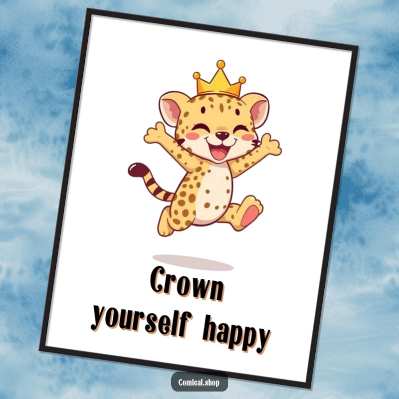 Funny cheetah cub digital art print of a crowned cub doing a joyful leap, exuding pure happiness.