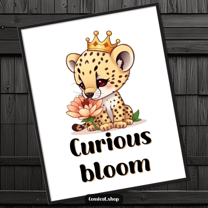 Funny curious cheetah cub wearing a tiny crown, sniffing a giant flower, as a digital art print, bringing instant wonder and humor, a perfect funny gift.