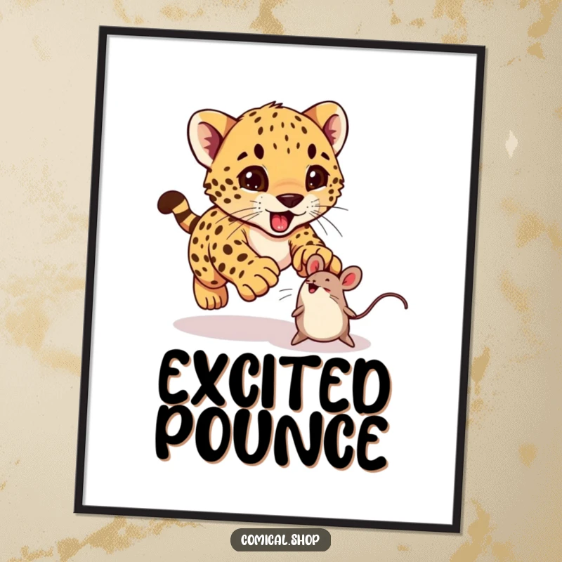 Funny cheetah cub excitedly pouncing on a bouncing toy mouse, available as a digital art print.
