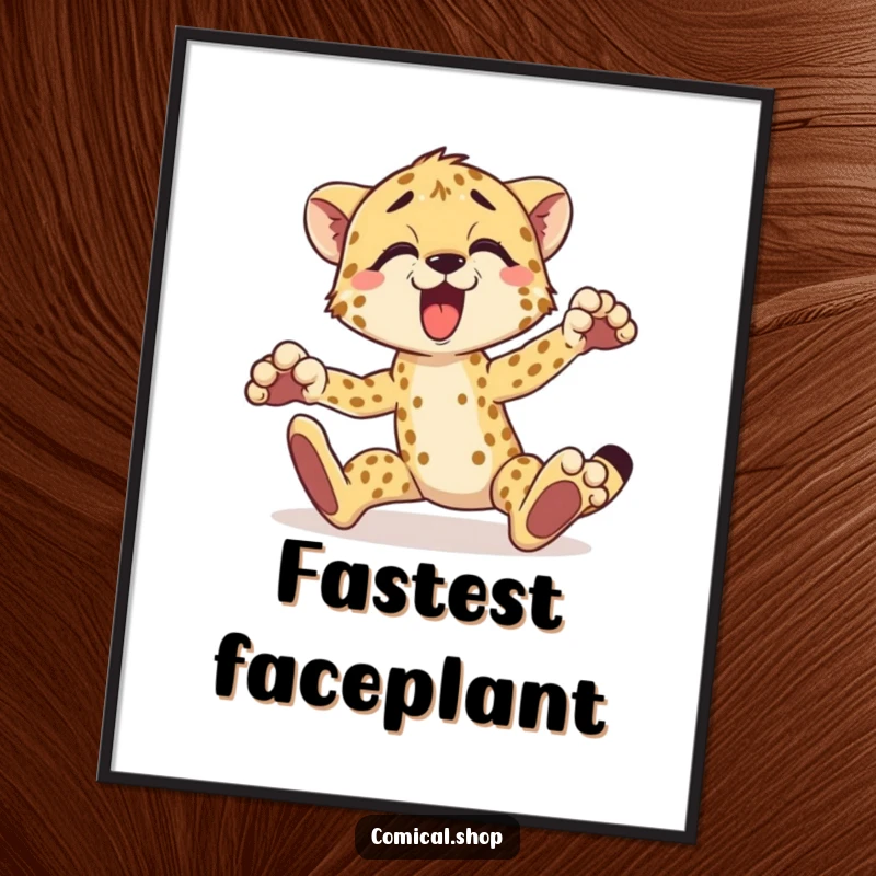 Funny cheetah digital art print of a surprised cheetah comically tripping over its paws, instant download.