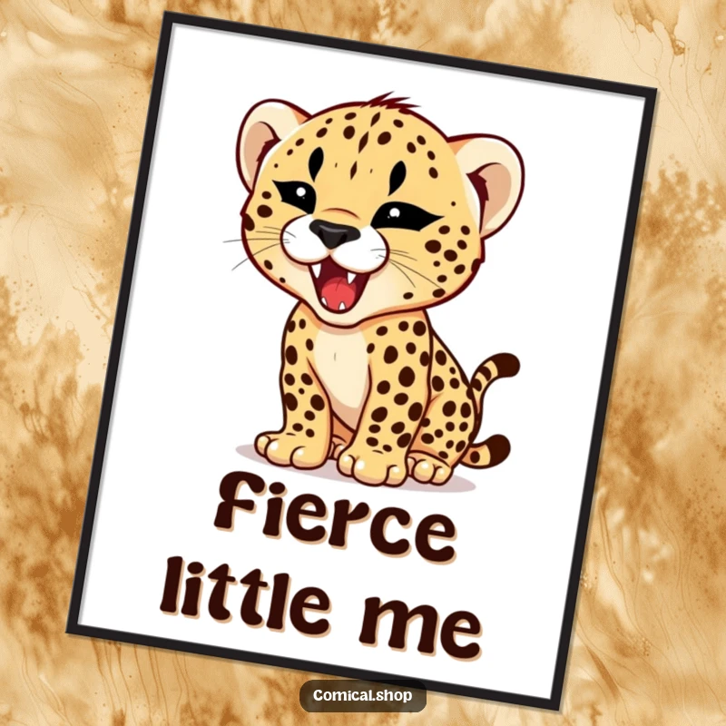 Funny digital art print of a cheetah cub practicing its roar with a tiny, fierce expression, embodying hilarious, adorable power.