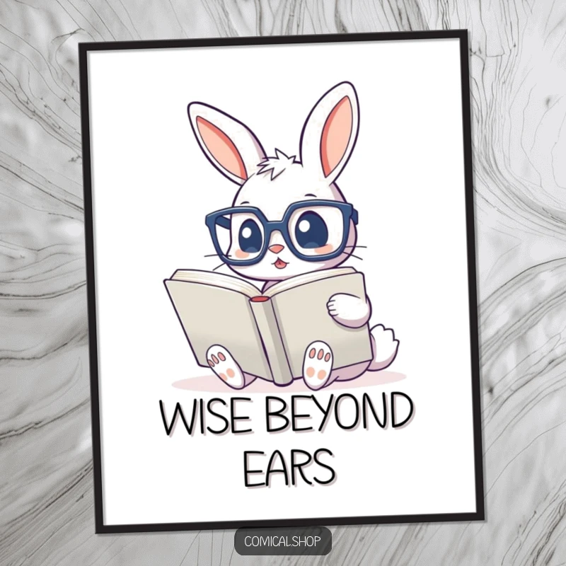 Funny digital art print of a cute bunny wearing glasses, engrossed in a giant book, for instant wall decor.