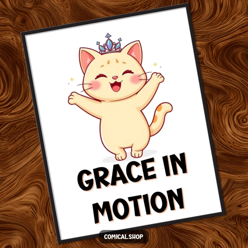 Funny Cat Tiara Digital Art Print of a happy cat with a sparkling tiara, doing a graceful twirl, for wall decor.