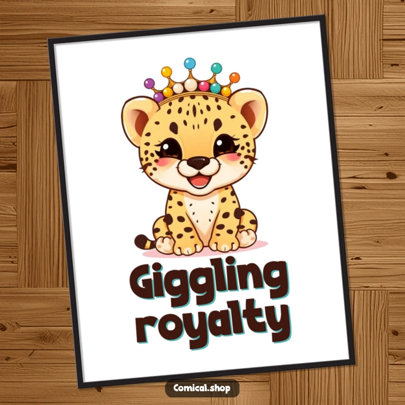 Funny giggling cheetah cub wearing a crown of colorful beads, as a digital art print, bringing instant joy and humor, a perfect funny gift.