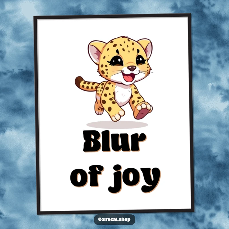 Funny cheetah cub with joyful motion streaks running with abandon as digital art, conveying speed for screen readers.