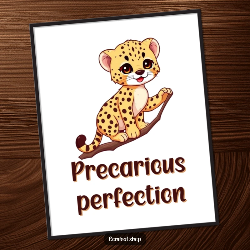 Funny Cheetah Cub Digital Art: Charming spotted cub balances on a thin branch, illustrating surprising grace and playful energy.
