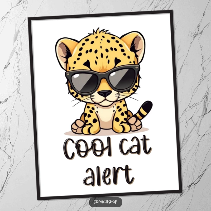 Funny cheetah cub digital art print of a stylish cub wearing oversized sunglasses, instant download.