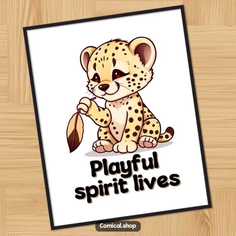 Funny cheetah cub digital art print of a playful cub batting at a dangling feather, embodying focus.