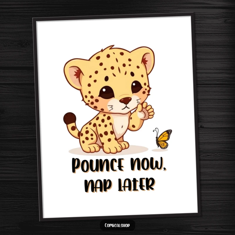 Funny digital art print of a cheetah cub humorously poised to pounce on a tiny butterfly, perfect for immediate wall decor.
