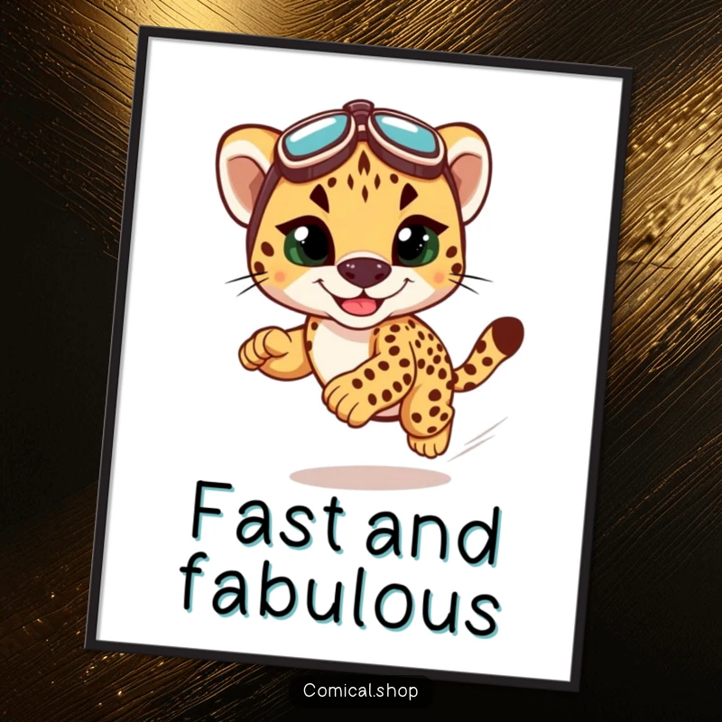 Funny cheetah cub racing digital art print, featuring a speedy cub in goggles, ideal for instant, humorous wall decor.