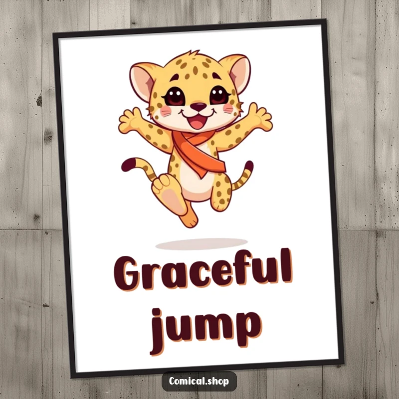 Funny happy cheetah cub wearing a sash, mid-graceful leap, as a digital art print, bringing instant elegance and joy, a perfect funny gift.