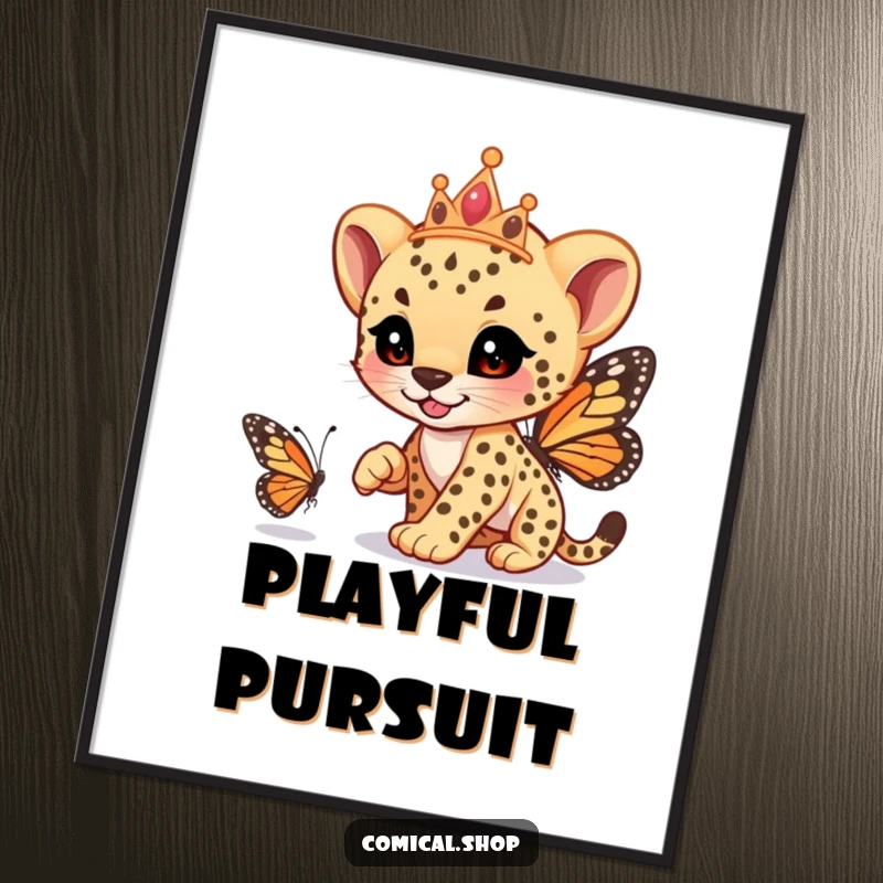 Funny cheetah cub wearing a tiara, playfully racing a butterfly, as a digital art print, bringing instant whimsy and humor, a perfect funny gift.