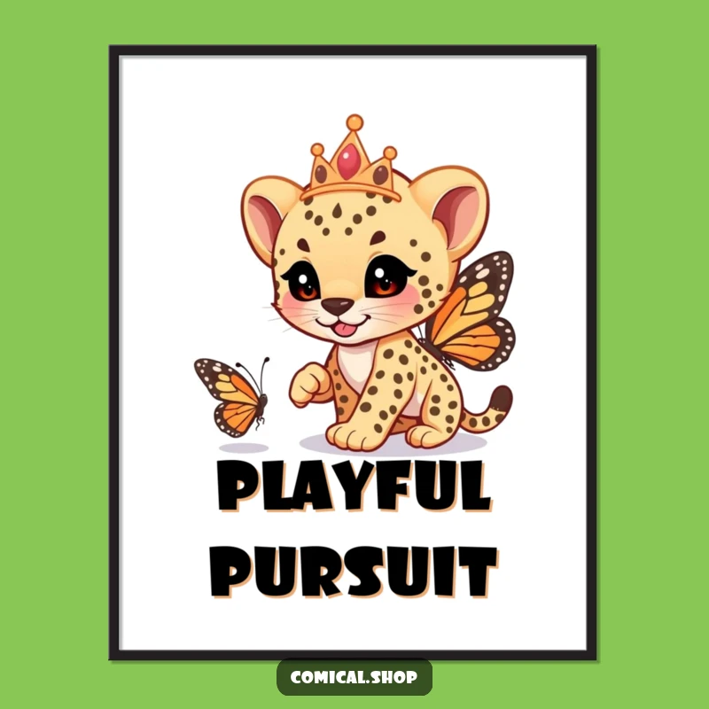 Funny Cheetah Cub Tiara Digital Art: Playful Chase Instant Download, Funny Gift
