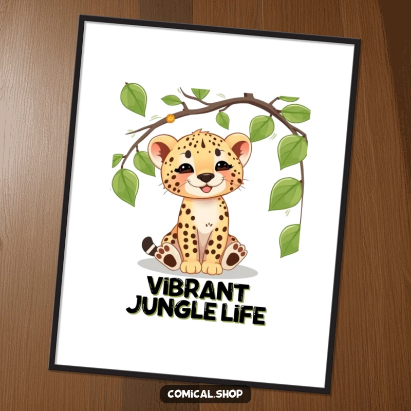 Funny cheetah cub digital art print of a cub happily batting at a dangling vine, perfect for framing and display.