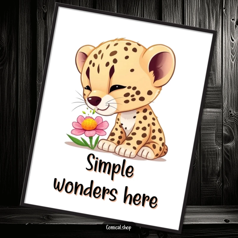 Funny cheetah cub wonder digital art print, featuring a curious cub smelling a flower, ideal for instant, charming wall decor.