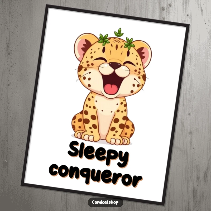 Funny Cheetah Cub Digital Art: A tiny crowned cheetah cub yawns broadly, embodying sleepy victory and effortless charm.