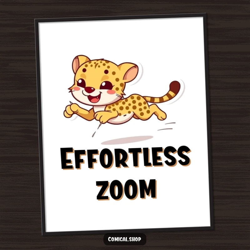 Funny smiling cheetah sprinting with effortless grace, available as a digital art print.