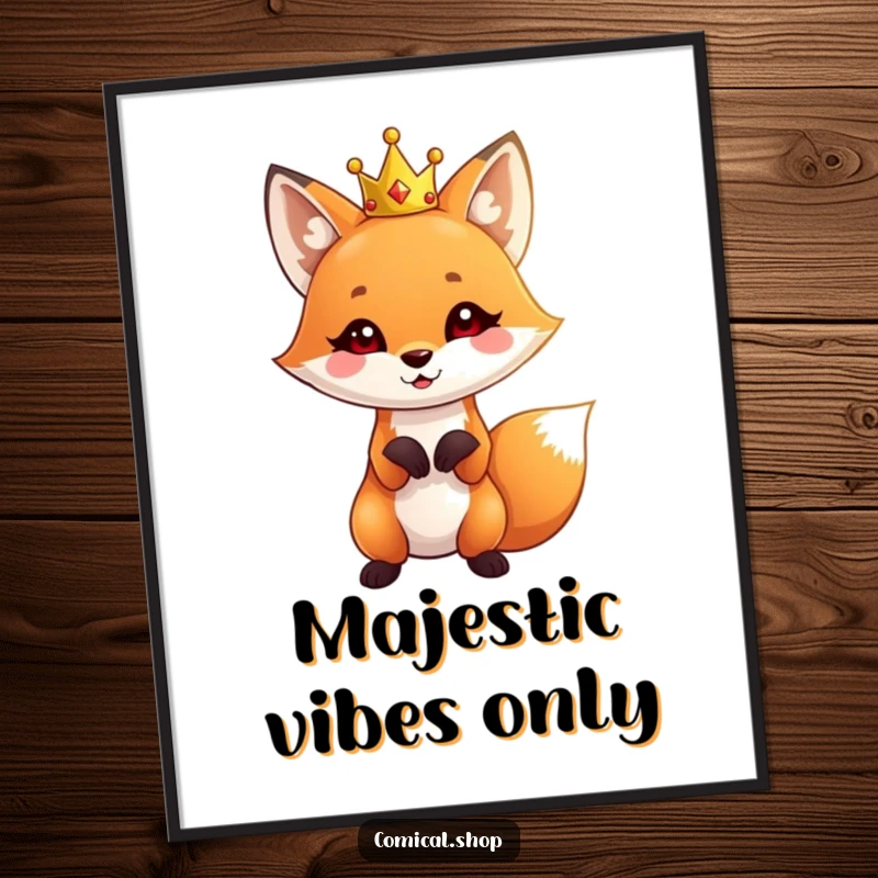 Funny Fox Crown Digital Art Print of a cute fox wearing a tiny crown, striking a playful pose, for wall decor.