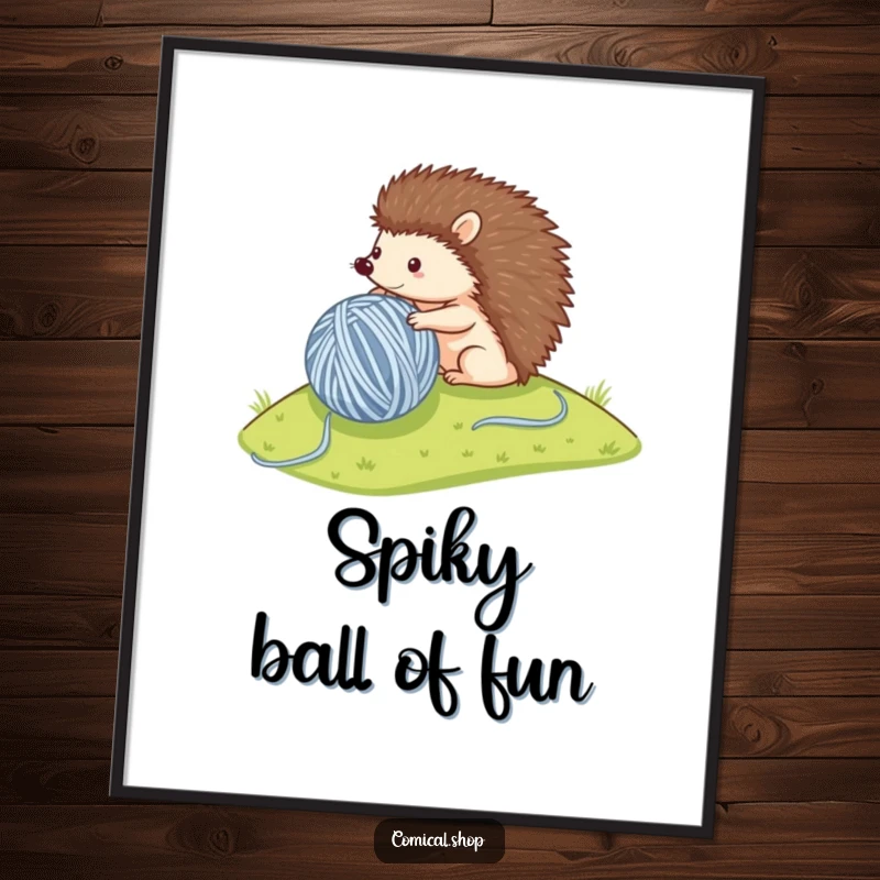 Funny digital art print of a small hedgehog rolling a large ball of yarn, for instant decor with cozy charm.