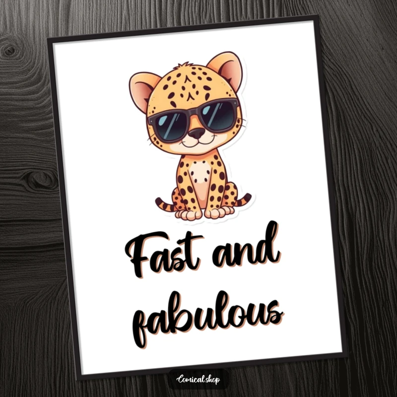 Funny kawaii cheetah wearing sunglasses, striking a cool pose, available as a digital art print.