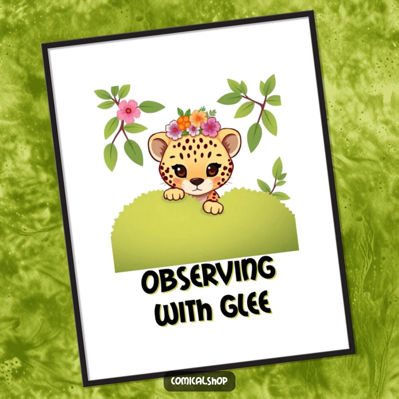 Funny mischievous cheetah cub wearing a floral crown peeking, this digital art print is playful and charming.