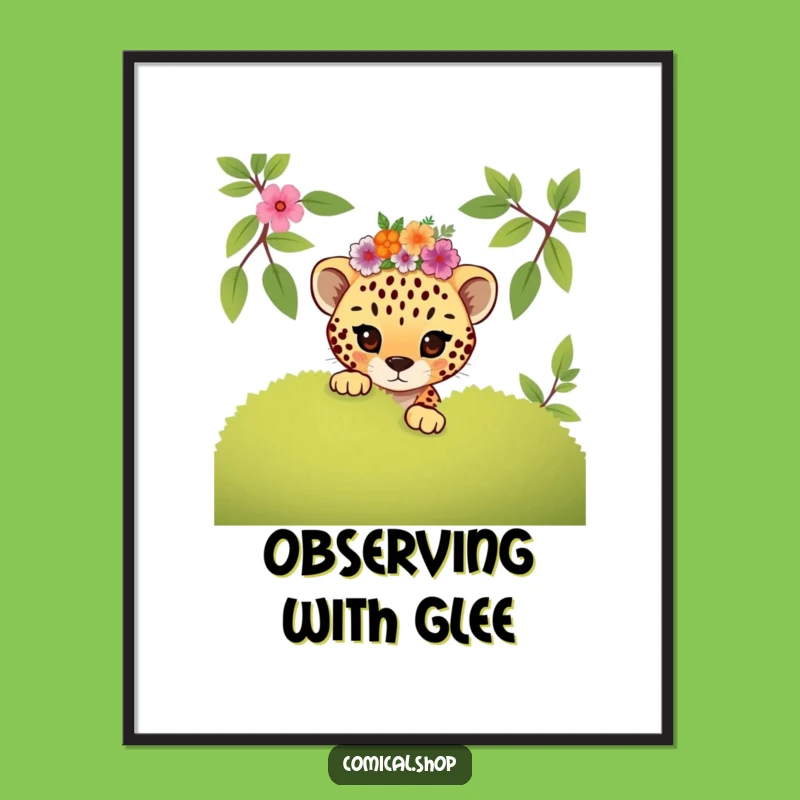 Funny Mischievous Cheetah Cub Floral Digital Print: Playful Art Gift