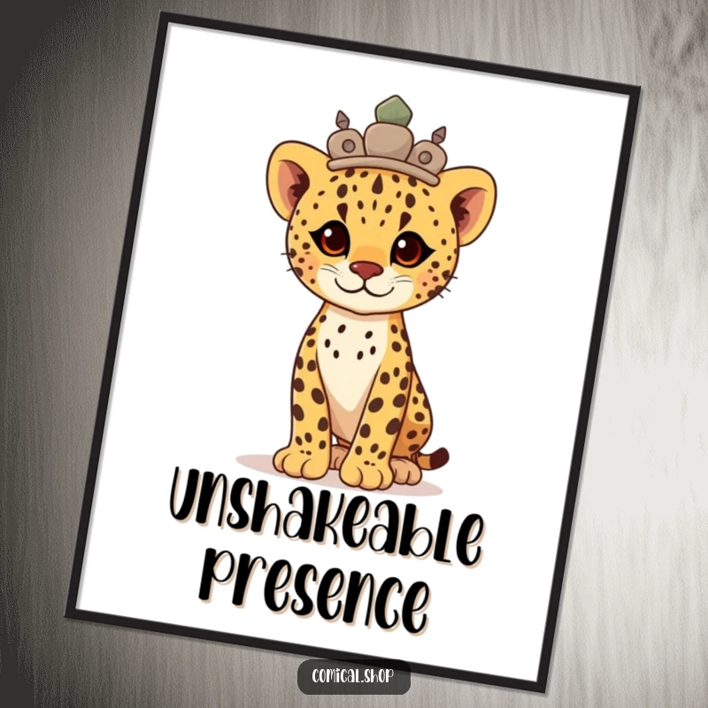 Funny proud cheetah cub wearing a smooth stone crown, standing tall and majestic on this digital art print.