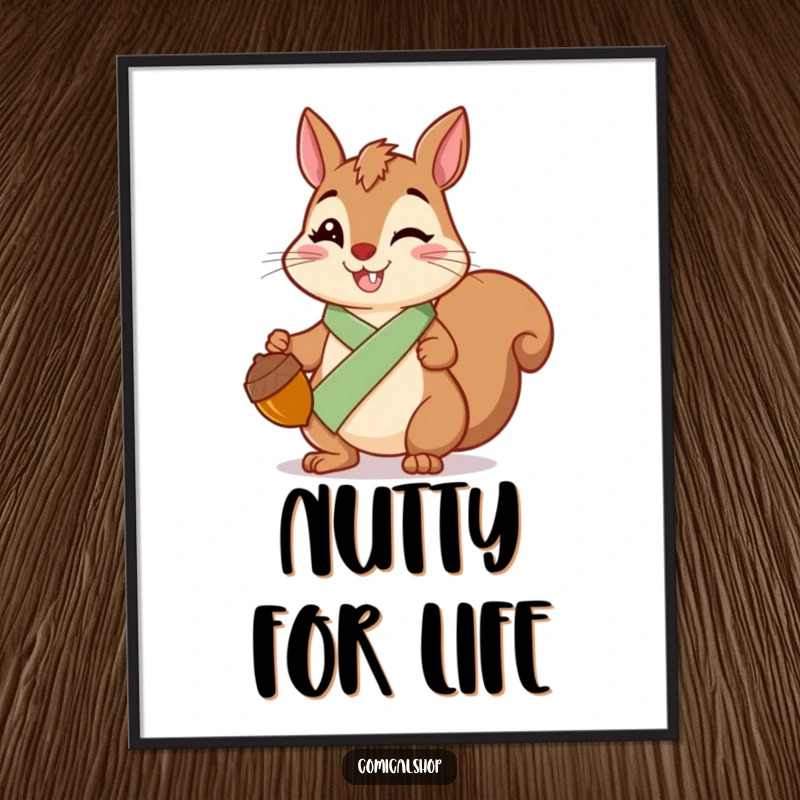 Funny Squirrel Sash Digital Art Print of a cheerful squirrel wearing a sash, holding a shiny acorn, for wall decor.