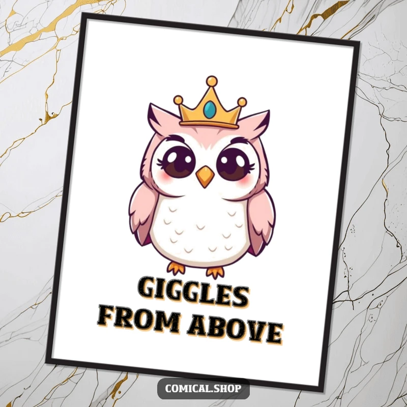 Funny Owl Crown Digital Art Print of a giggling owl wearing a small crown, peering curiously, for wall decor.