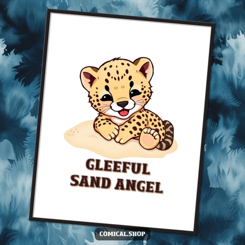 Funny Cheetah Cub Digital Art Print: A downloadable image of a cheetah cub gleefully rolling in soft sand, pure playful joy.