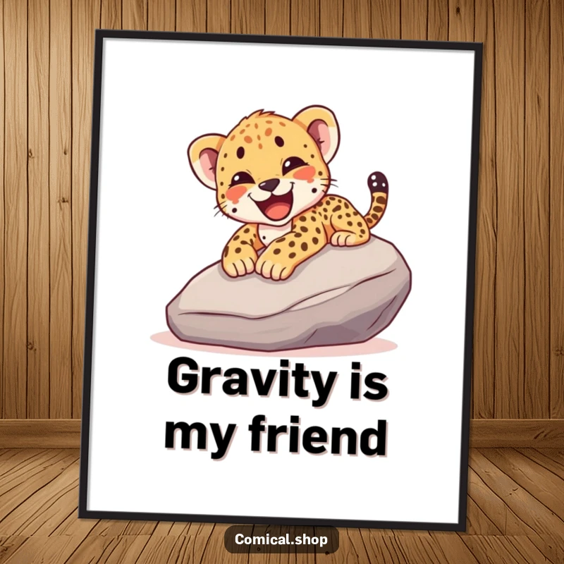 Funny digital art print of a cheetah cub joyfully sliding down a rock with a happy yelp, perfect for instant wall decor.