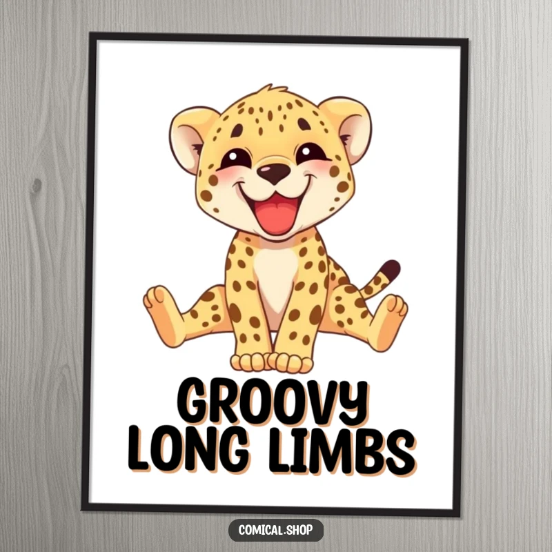 Funny cheetah cub digital art print of a happy cub grinning and stretching its long legs, full of vibrant energy. Artistic gift.