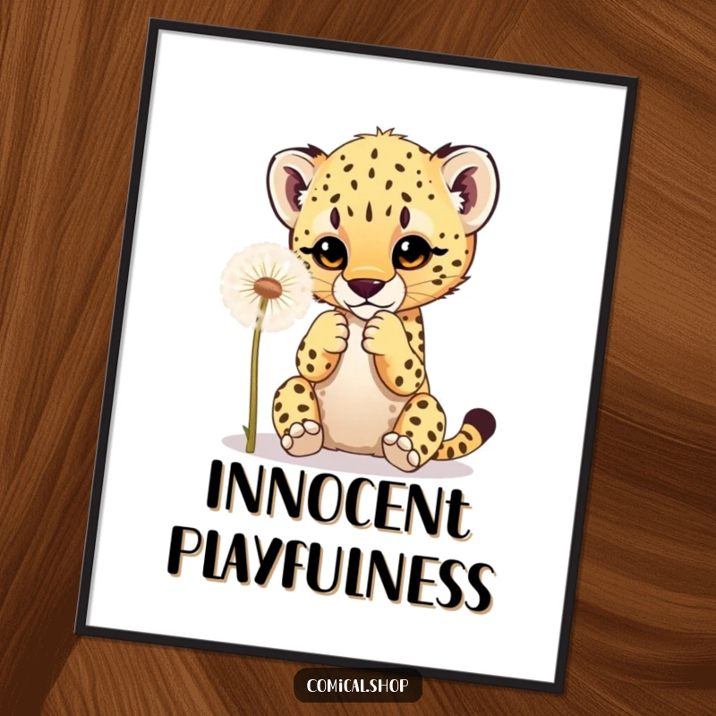 Funny digital art of a cheetah cub playfully batting at a fluffy dandelion, perfect for humorous and charming wall decor.