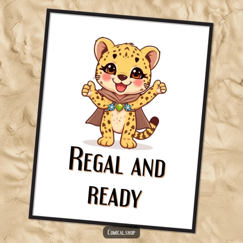 Funny cheetah cub in a dazzling sequined cape striking a triumphant pose, this digital art print is a heroic gift.