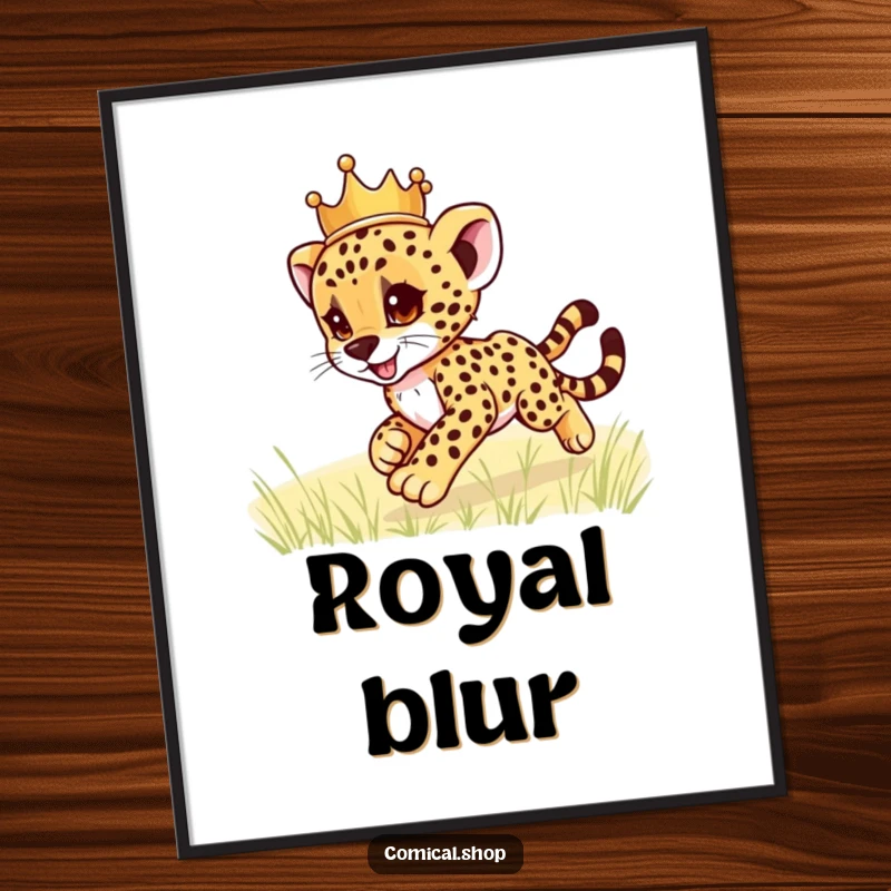 Funny cheetah cub wearing a crown, zooming playfully, as a digital art print, bringing instant humor and charm, a perfect funny gift.