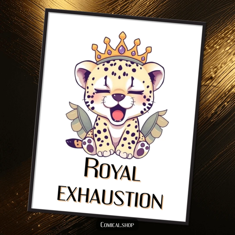 Funny sleepy cheetah cub wearing a feathered crown, yawning peacefully, this digital art print is a cozy gift.
