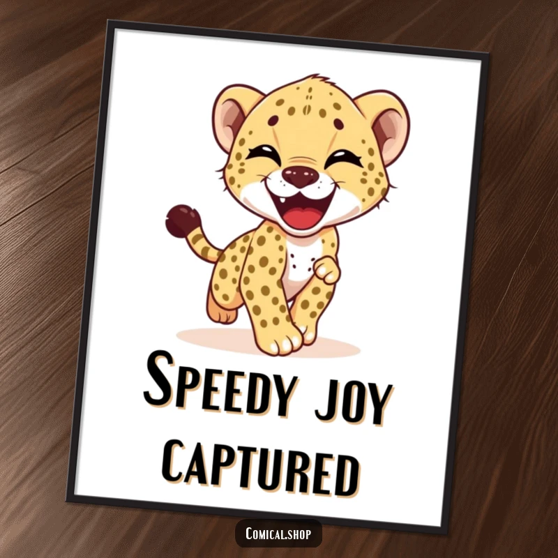 Funny digital art print of a cheetah cub in a hilarious, fast-paced chase of its own tail, radiating pure, unadulterated fun.