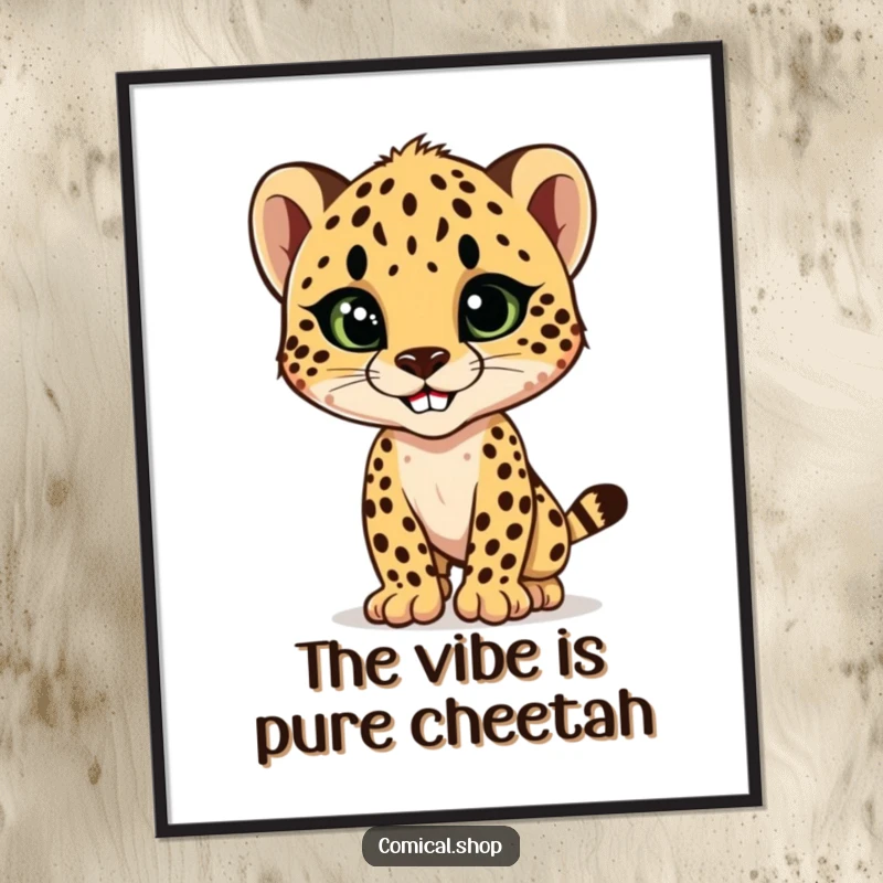 Funny cheetah cub striking a sleek, stylish pose with a confident grin, a downloadable digital art print for fashion lovers.