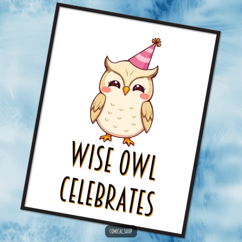 Funny digital art print of a cheerful owl wearing a party hat, hooting happily, for instant festive decor.