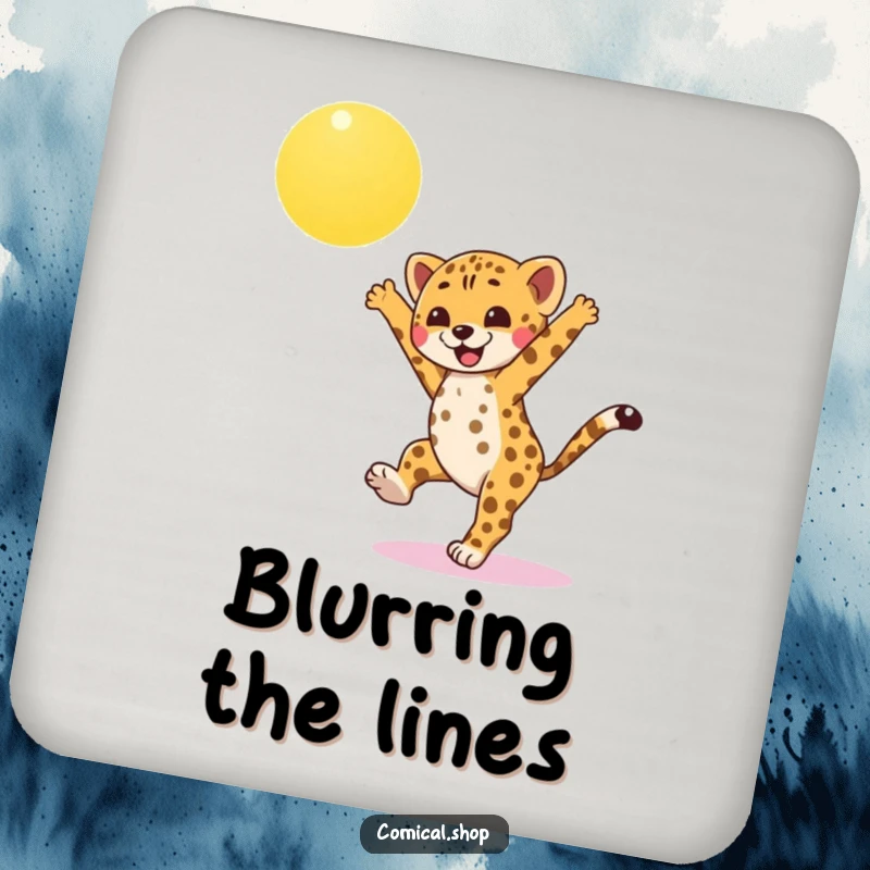 Funny cheetah cub drink coasters, mid-cartwheel under sun, protecting surfaces with athletic charm and playful energy for a humorous touch.